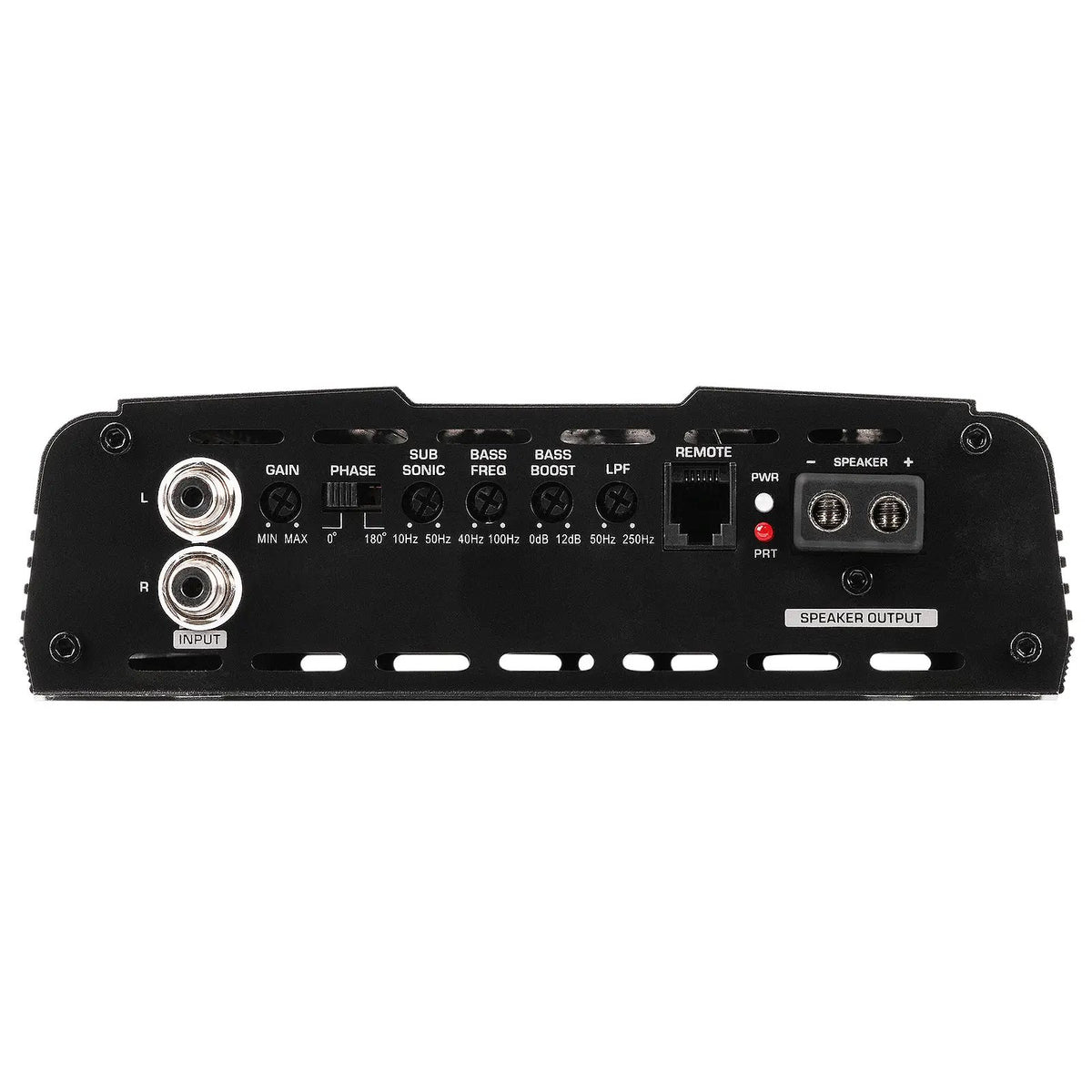 Amplifier signal panel with RCA inputs, filter controls, remote socket and speaker terminals