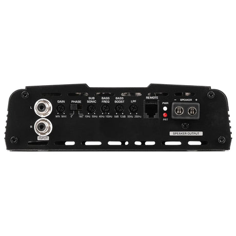 Amplifier signal panel with RCA inputs, filter controls, remote socket and speaker terminals