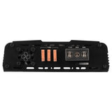 Amplifier power panel with three orange blade fuses, cooling fan and power terminals