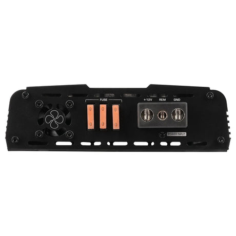 Amplifier power panel with three orange blade fuses, cooling fan and power terminals