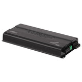 Long black Audiopipe amplifier viewed from its fused power and speaker terminal end