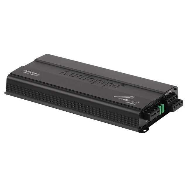 Long black Audiopipe amplifier viewed from its fused power and speaker terminal end