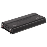 Angled black Audiopipe amplifier with raised top lettering and a multi-input control panel