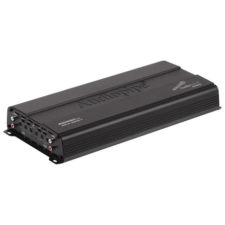Angled black Audiopipe amplifier with raised top lettering and a multi-input control panel