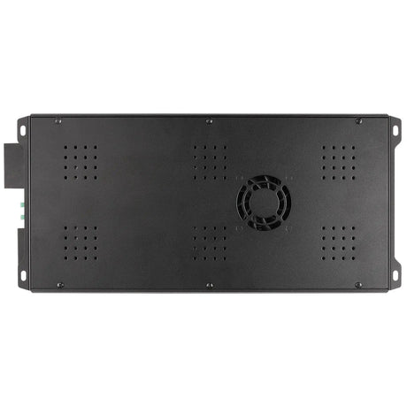 Underside of black amplifier showing ventilation holes and a cooling fan