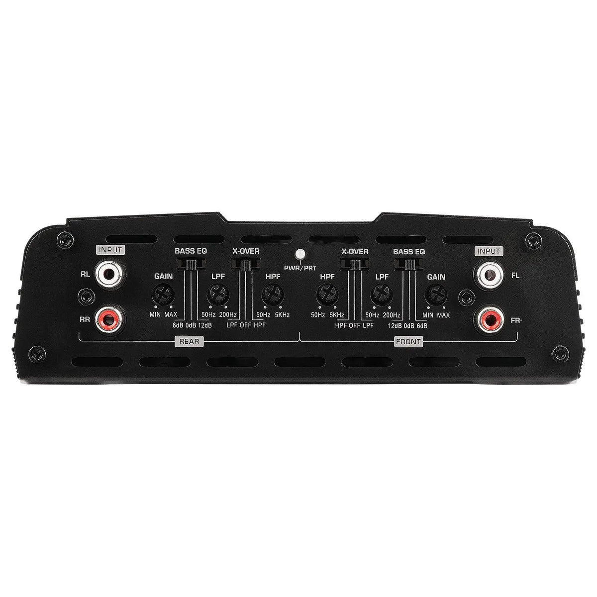 Four-channel amplifier input panel with RCA sockets and crossover controls