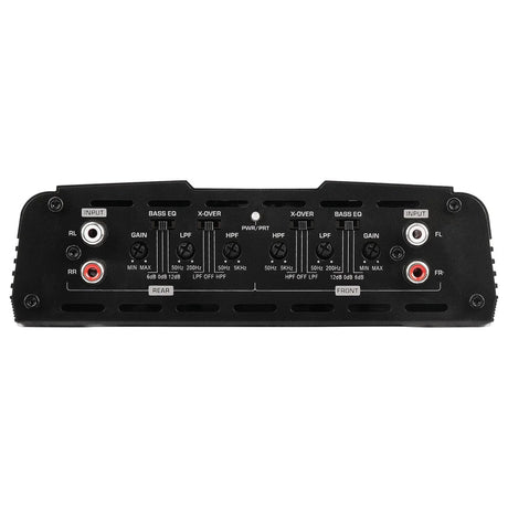 Four-channel amplifier input panel with RCA sockets and crossover controls