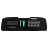 Amplifier output panel with speaker terminals, power connections and two green fuses
