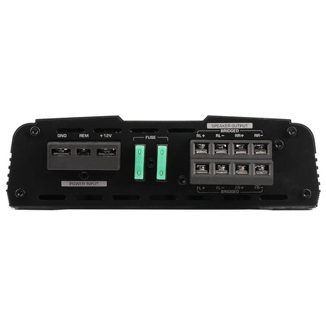 Amplifier output panel with speaker terminals, power connections and two green fuses