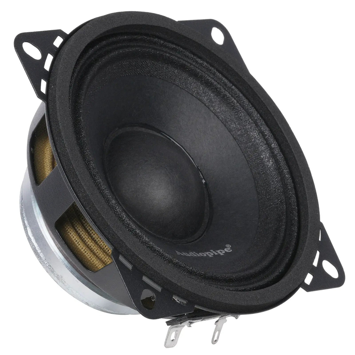 Audiopipe midrange loudspeaker with four mounting tabs, angled view