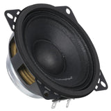 Audiopipe midrange loudspeaker with four mounting tabs, angled view
