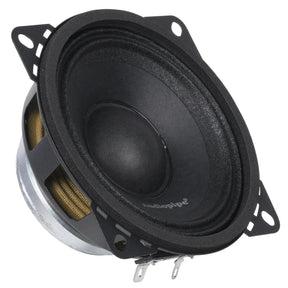 Audiopipe midrange loudspeaker with four mounting tabs, angled view