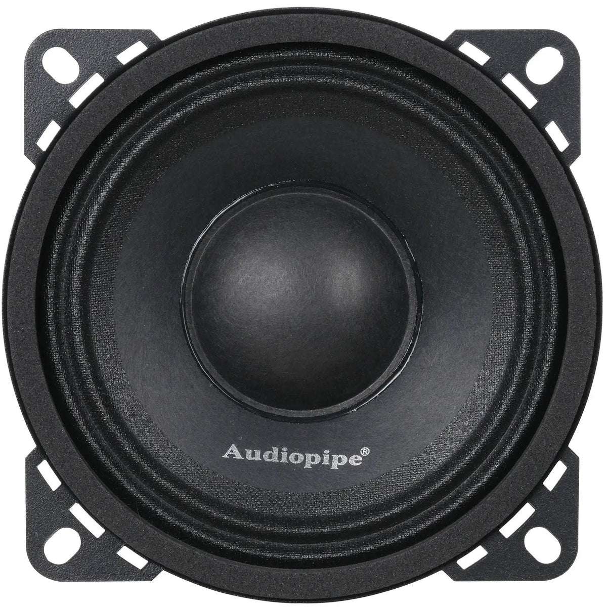 Front of a compact black Audiopipe speaker with four corner mounting tabs