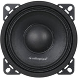 Front of a compact black Audiopipe speaker with four corner mounting tabs