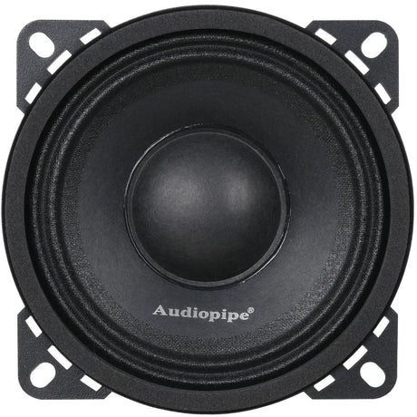 Front of a compact black Audiopipe speaker with four corner mounting tabs
