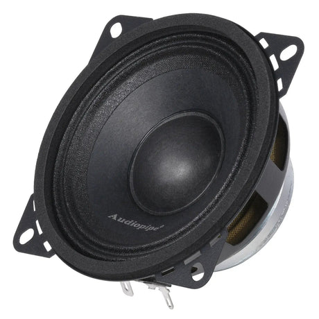 Angled black Audiopipe speaker with four projecting mounting tabs and exposed rear terminals