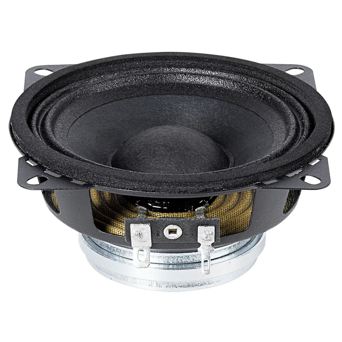 Small black loudspeaker with mounting tabs and exposed terminals, low angled view