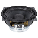 Small black loudspeaker with mounting tabs and exposed terminals, low angled view