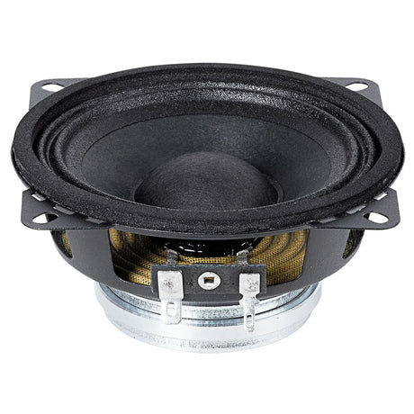 Small black loudspeaker with mounting tabs and exposed terminals, low angled view