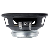 Side profile of a compact speaker with rectangular basket openings, silver magnet and two blade terminals