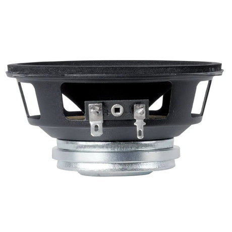 Side profile of a compact speaker with rectangular basket openings, silver magnet and two blade terminals