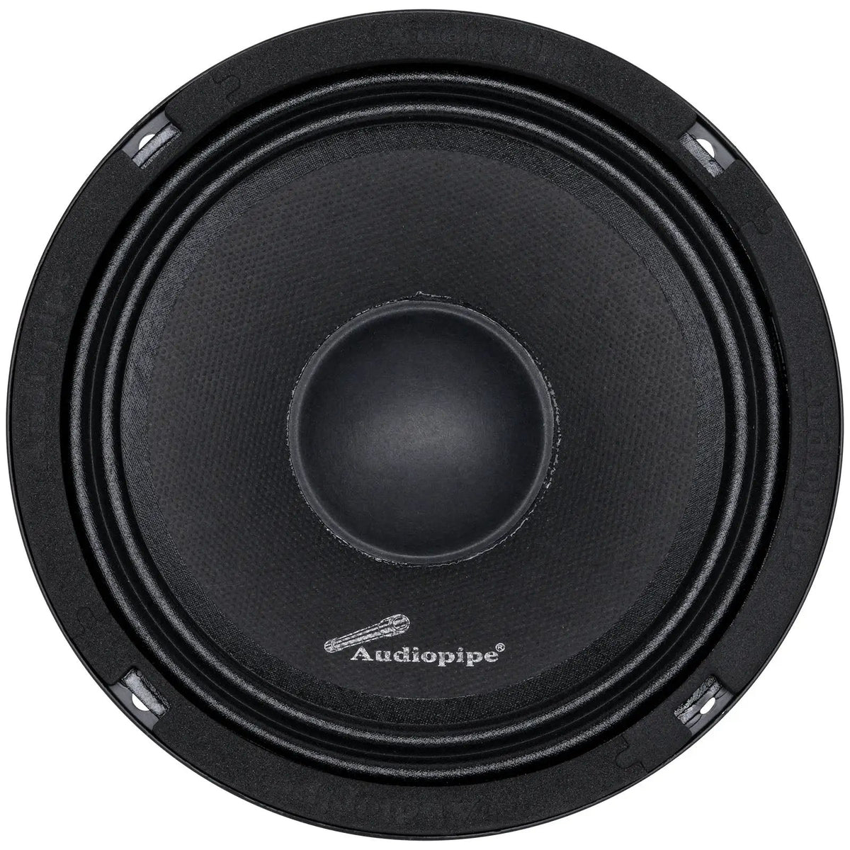 Front of a black Audiopipe speaker with a rounded dust cap and ribbed surround