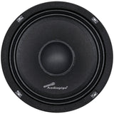 Front of a black Audiopipe speaker with a rounded dust cap and ribbed surround