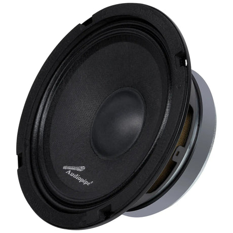 Audiopipe midrange loudspeaker with a black cone, angled view
