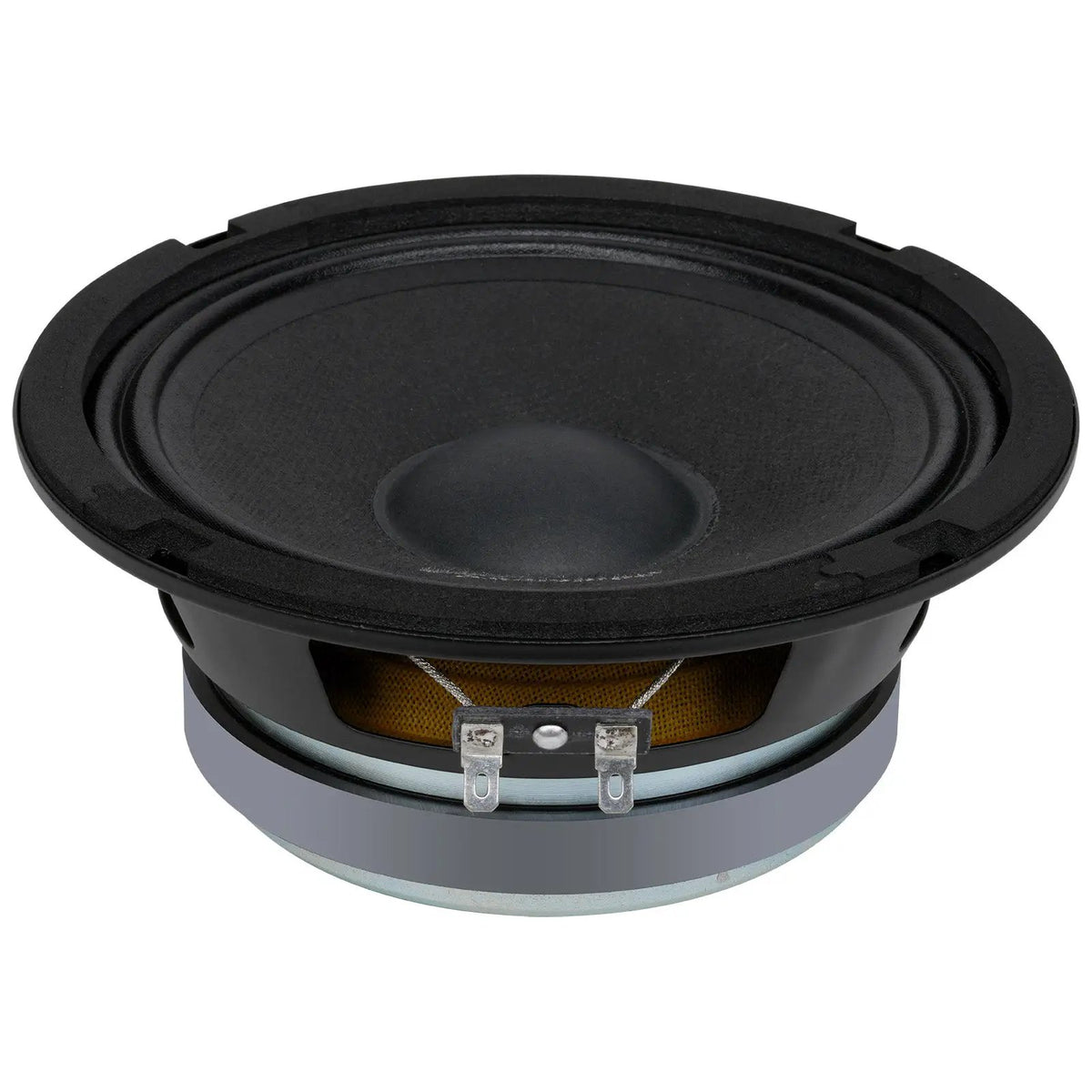 Low angled view of a black speaker showing its cone, yellow suspension and two blade terminals
