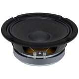 Low angled view of a black speaker showing its cone, yellow suspension and two blade terminals