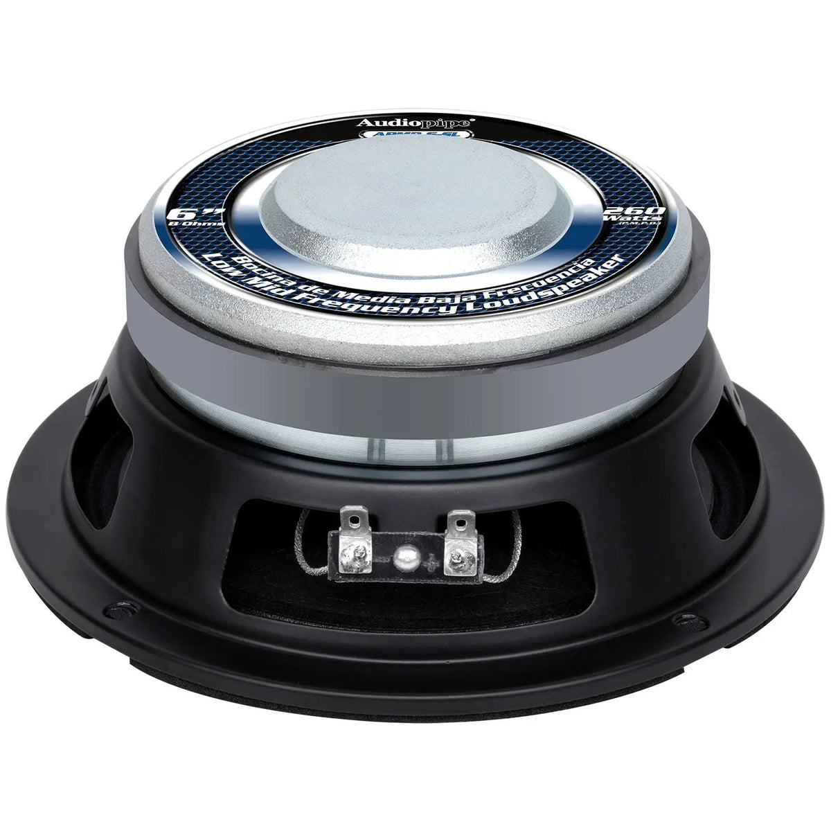 Angled rear of an Audiopipe speaker with a silver labeled magnet and paired terminals