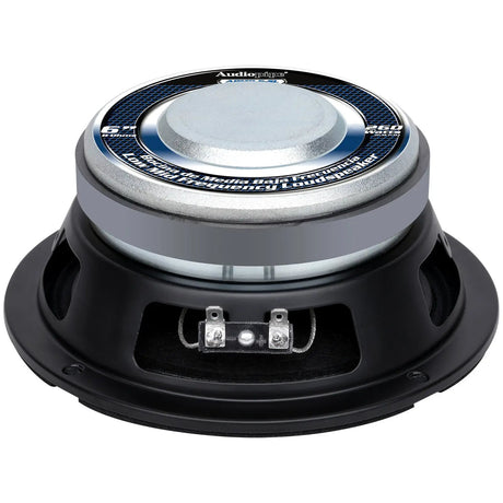 Angled rear of an Audiopipe speaker with a silver labeled magnet and paired terminals