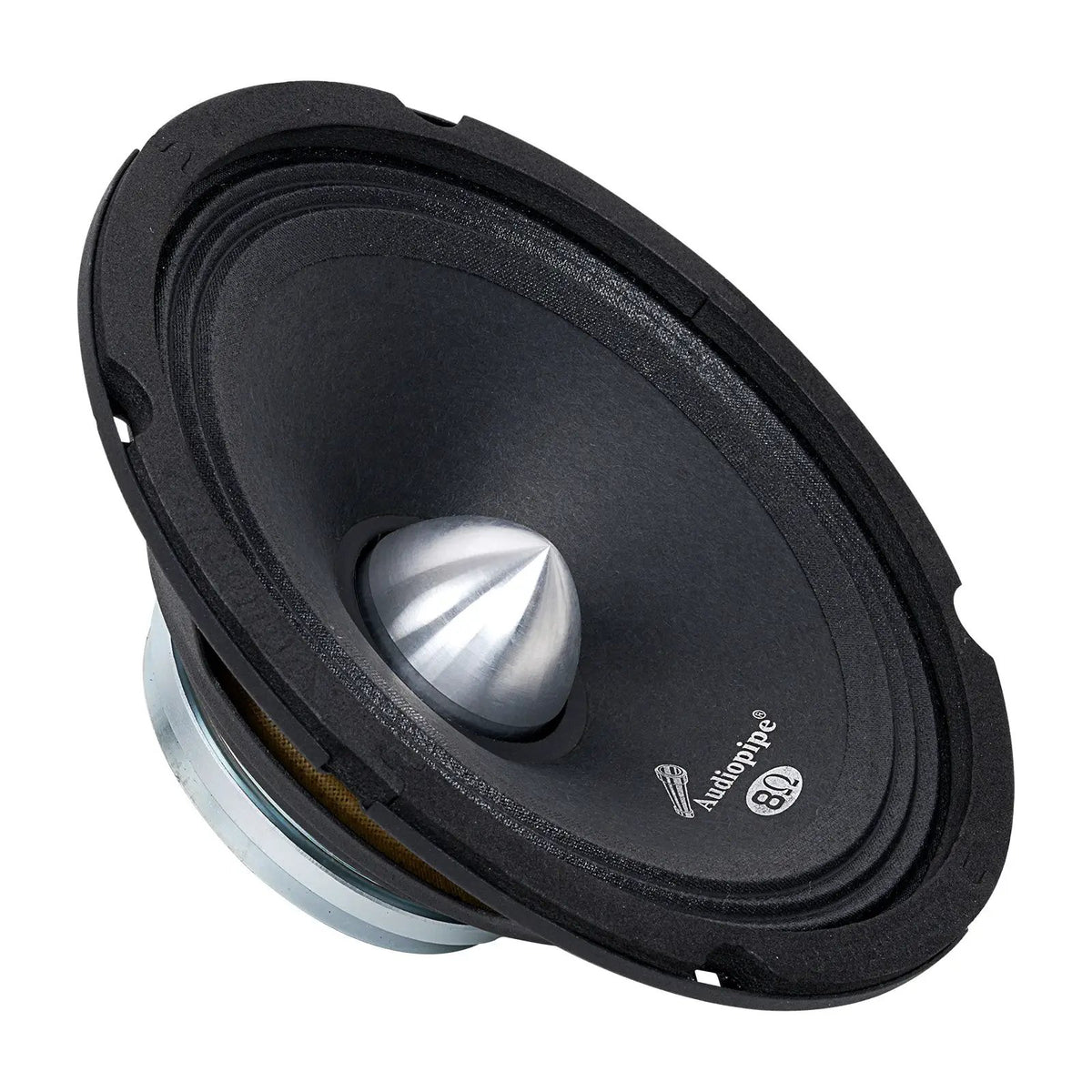 Angled front view of a black midrange speaker with a silver bullet-shaped center