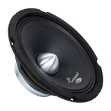 Angled front view of a black midrange speaker with a silver bullet-shaped center