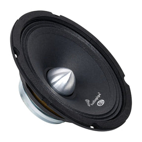 Angled front view of a black midrange speaker with a silver bullet-shaped center
