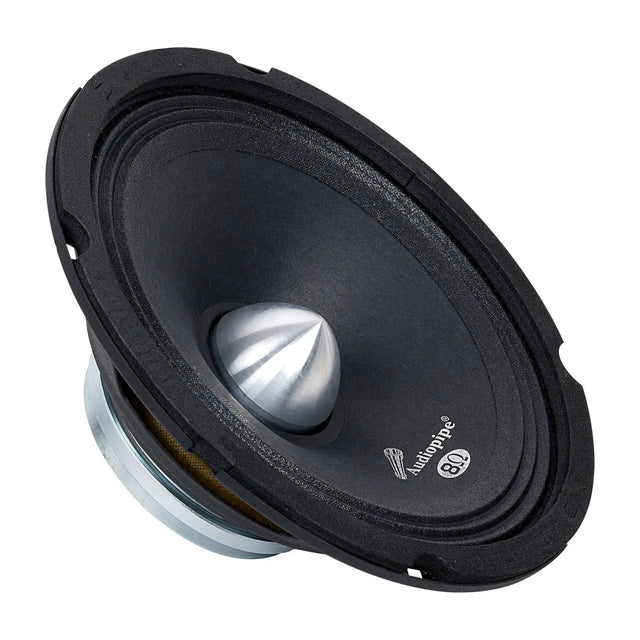 Angled front view of a black midrange speaker with a silver bullet-shaped center
