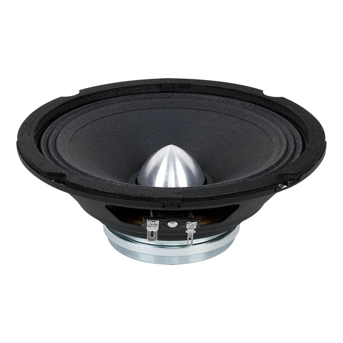 Black loudspeaker with a silver bullet-shaped center, low angled view