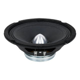 Black loudspeaker with a silver bullet-shaped center, low angled view