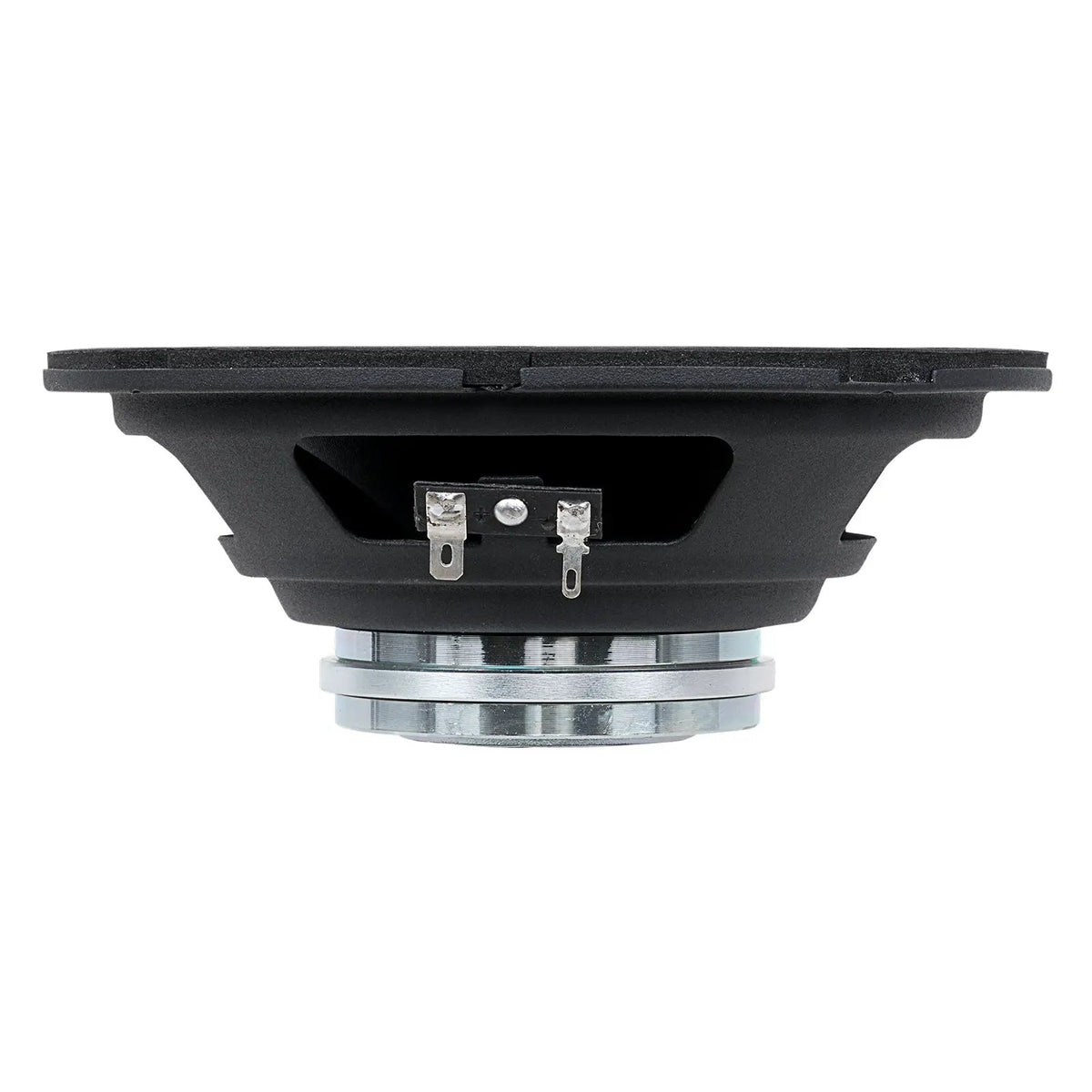 Side view of a black speaker showing its shallow basket, silver magnet and two spade terminals
