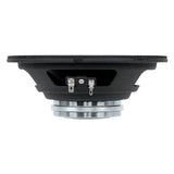 Side view of a black speaker showing its shallow basket, silver magnet and two spade terminals