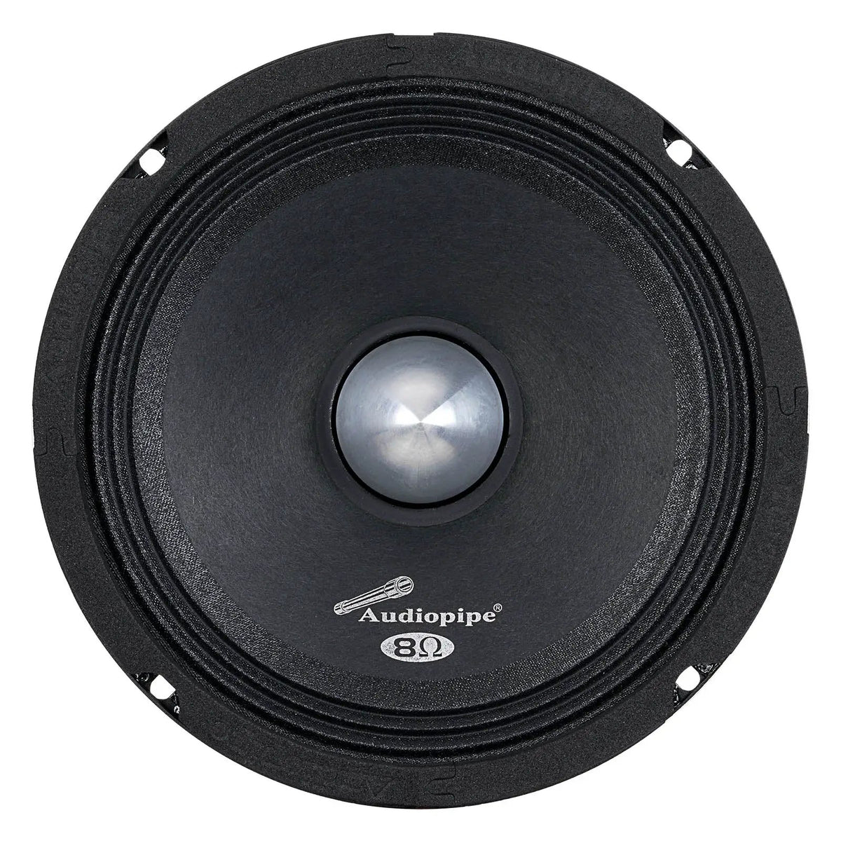 Front view of a black Audiopipe speaker with a silver bullet-shaped center and 8-ohm marking