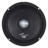 Front view of a black Audiopipe speaker with a silver bullet-shaped center and 8-ohm marking