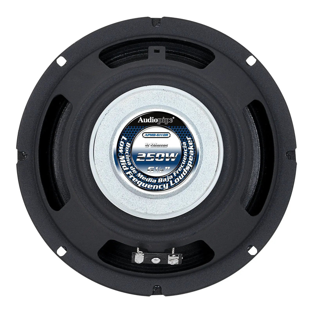 Rear of Audiopipe midrange speaker with blue-and-white magnet label and terminals