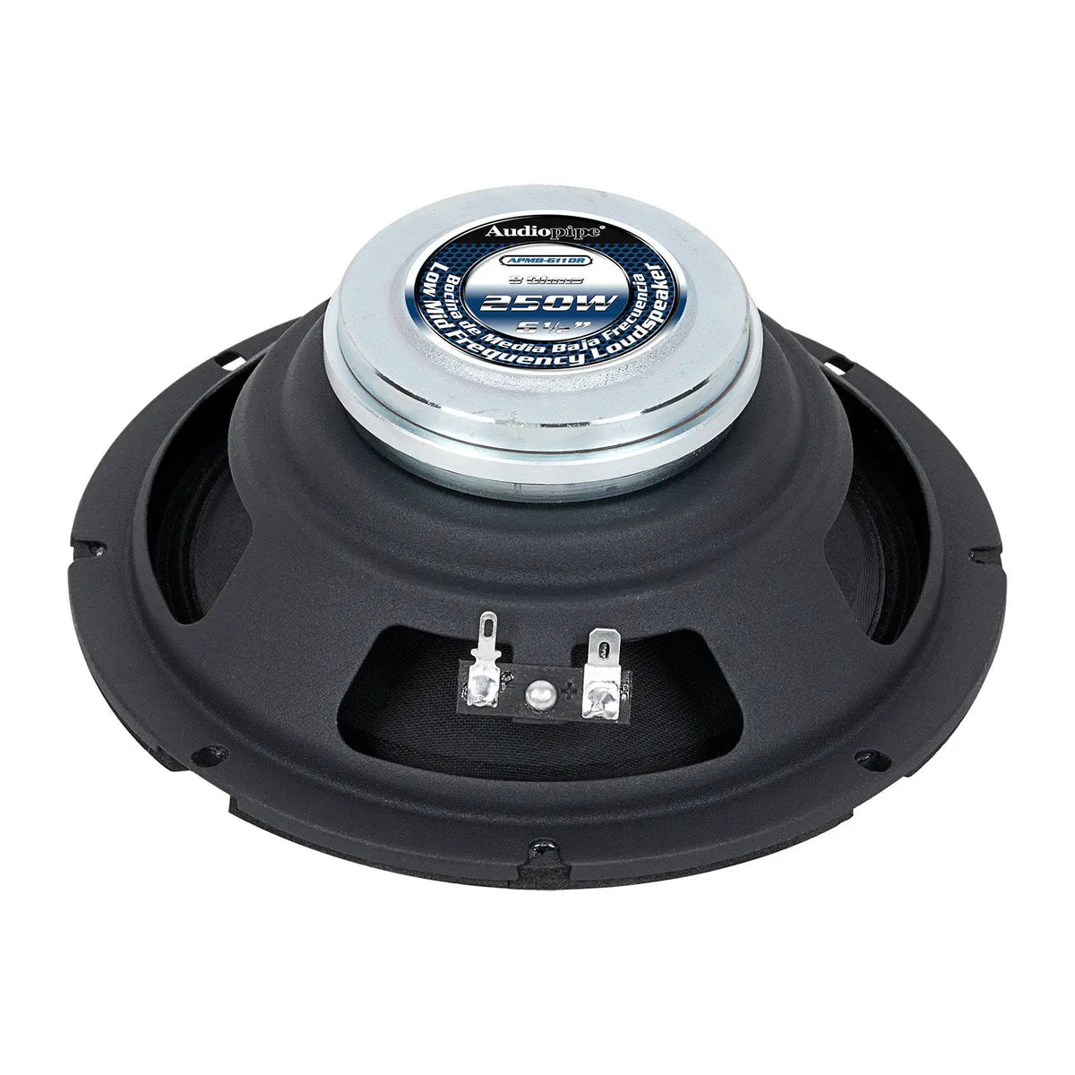 Rear view of an Audiopipe APMB-611DR speaker with a silver magnet label marked 250W and 8 ohms