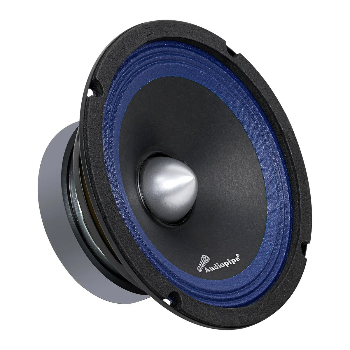 Angled view of an Audiopipe speaker with a blue surround and silver bullet-shaped center
