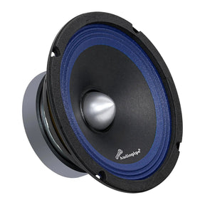 Angled view of an Audiopipe speaker with a blue surround and silver bullet-shaped center