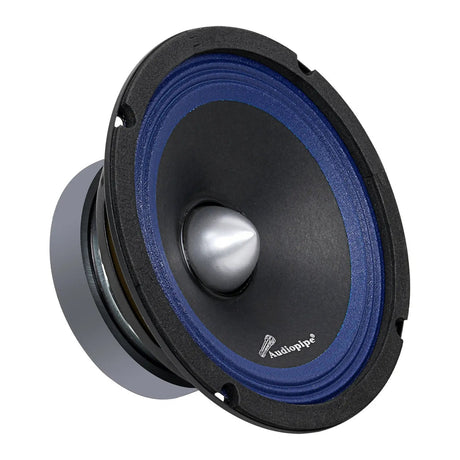 Angled view of an Audiopipe speaker with a blue surround and silver bullet-shaped center