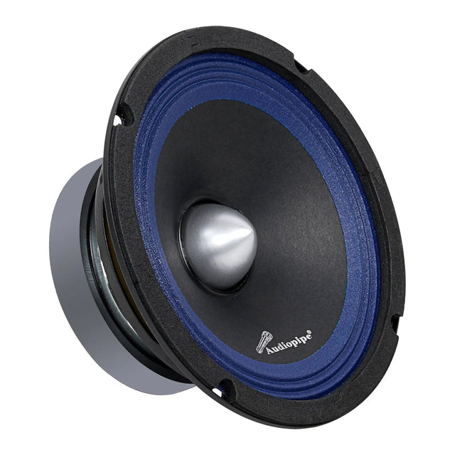 Angled view of an Audiopipe speaker with a blue surround and silver bullet-shaped center