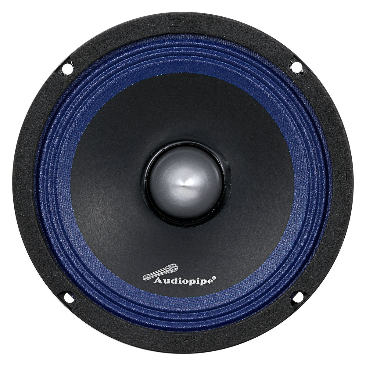Front view of an Audiopipe speaker with a blue surround and silver bullet-shaped center