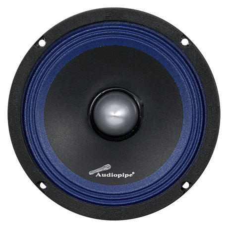 Front view of an Audiopipe speaker with a blue surround and silver bullet-shaped center